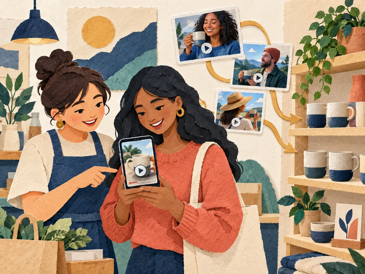 Shopper and merchant exploring product videos in a storefront