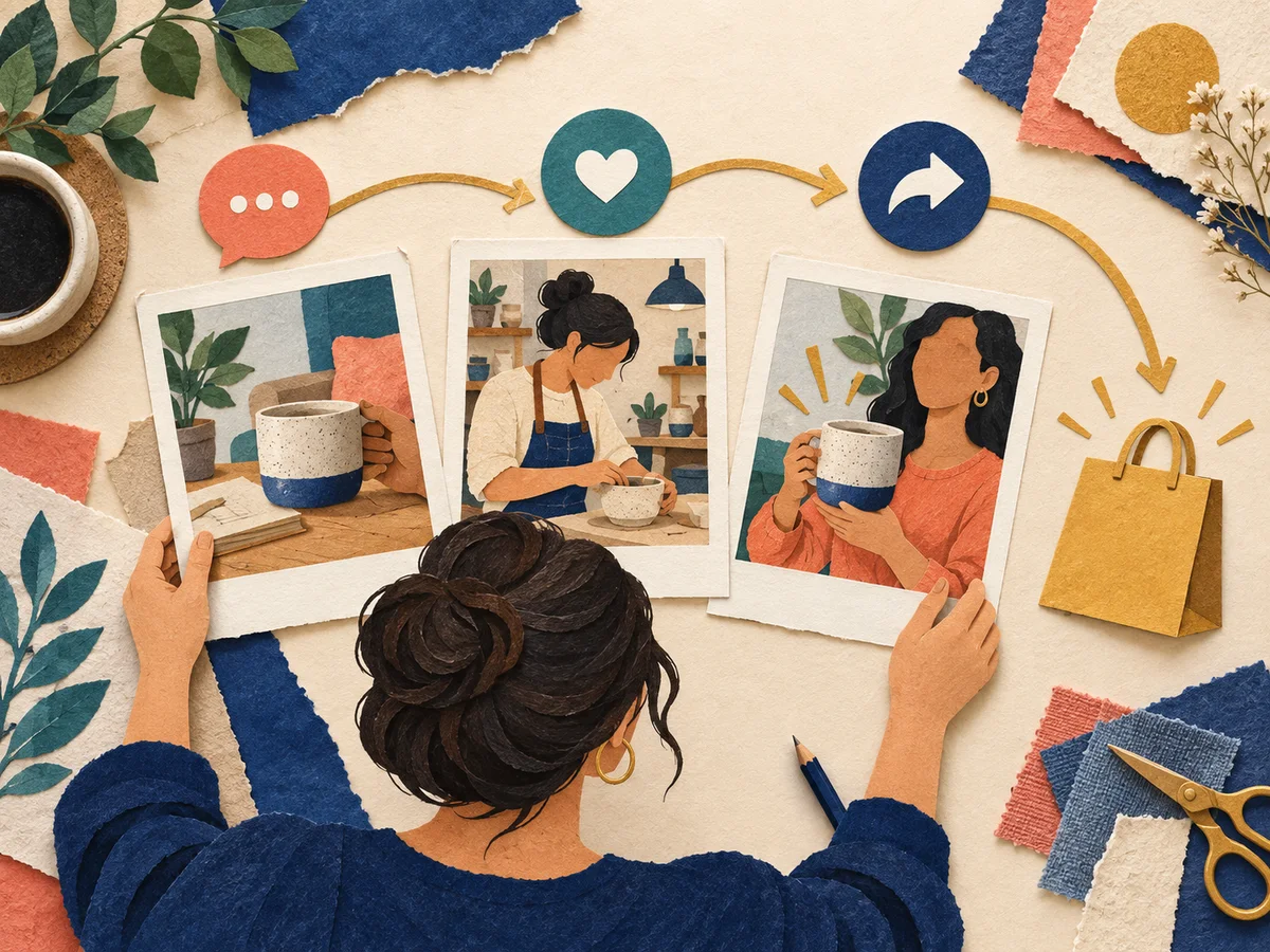 Brand owner planning product and customer story posts that lead to sales
