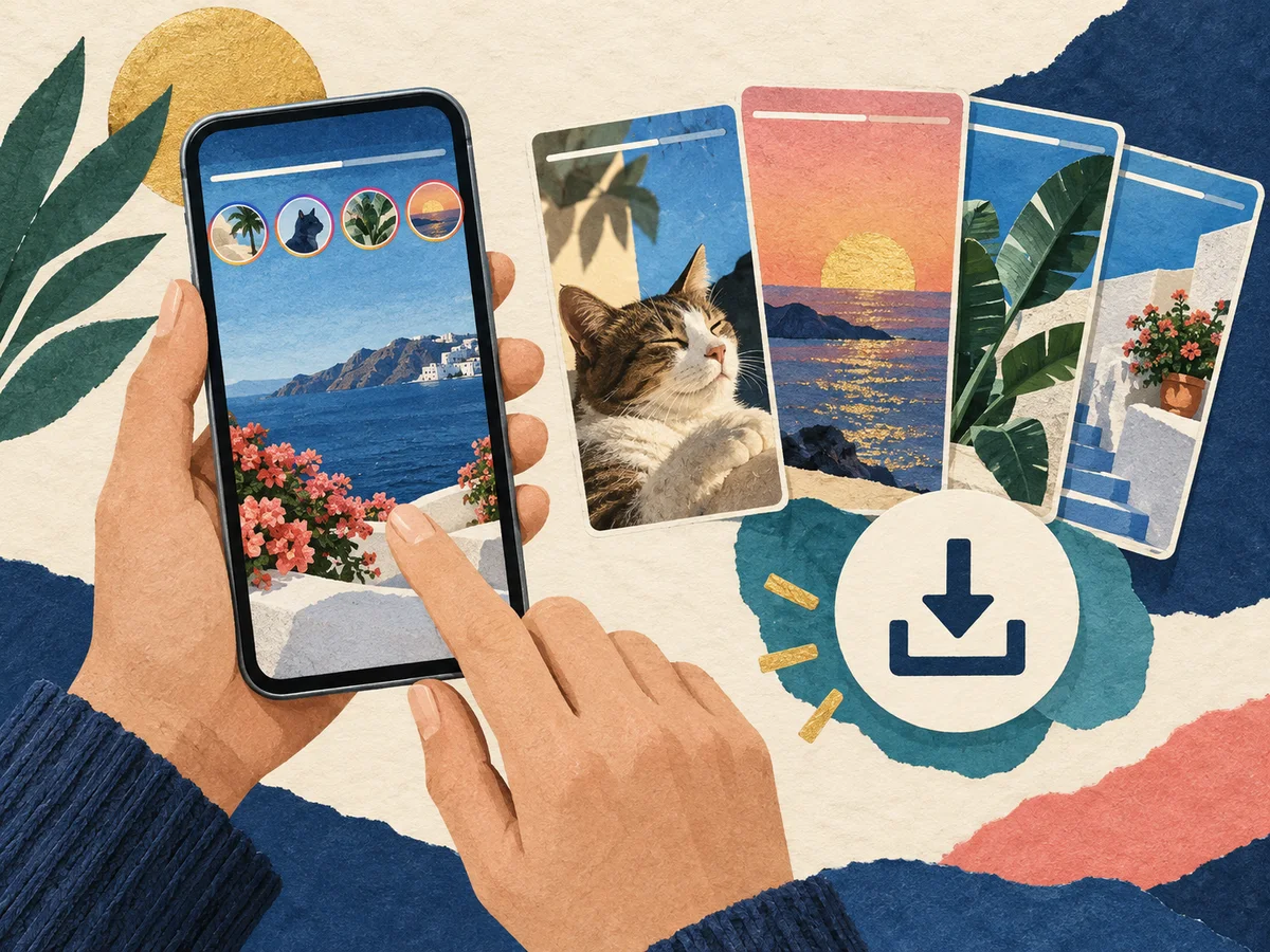 A hand browses public story cards on a phone beside a download symbol.